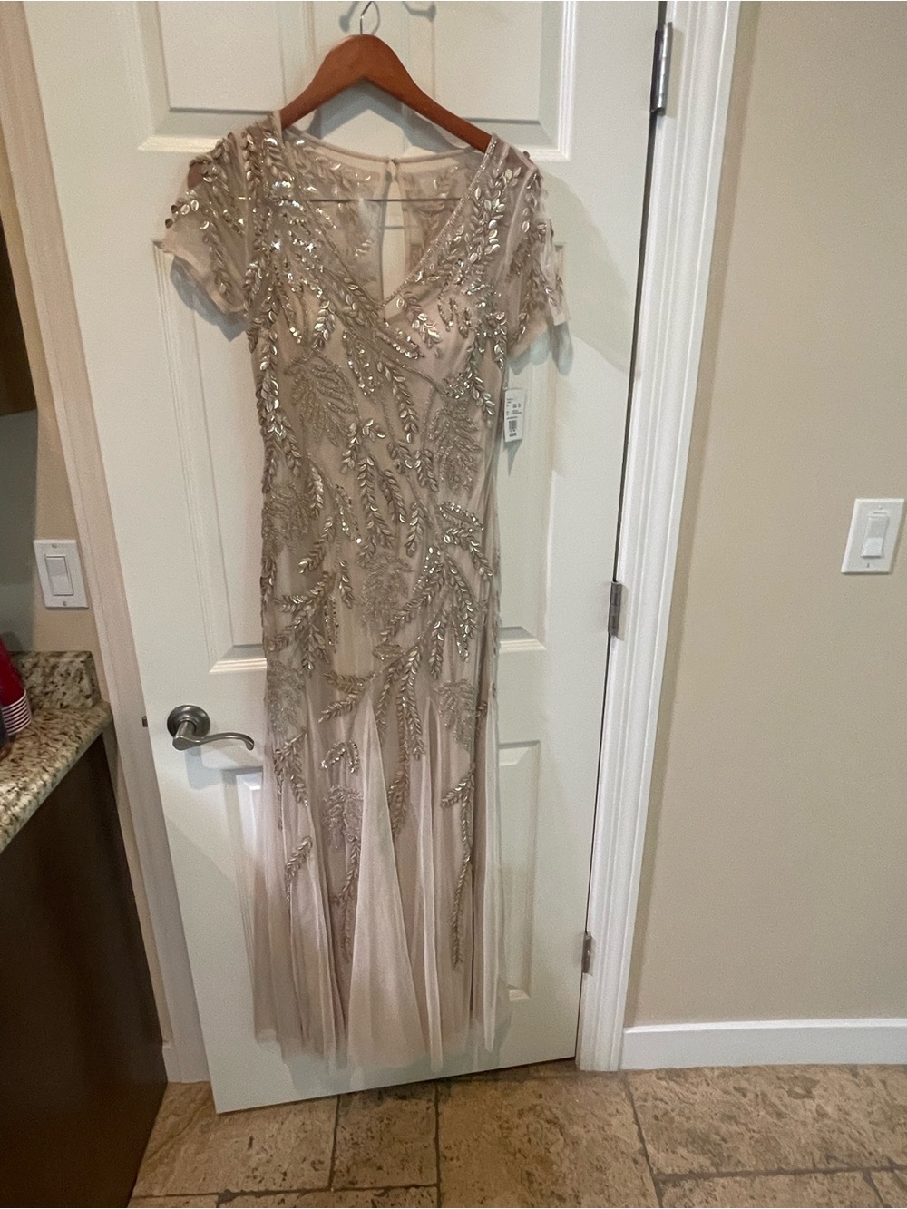 David's Bridal Champagne Beaded V-Neck Maxi Dress Formal Gown NWT - Picture 3 of 16